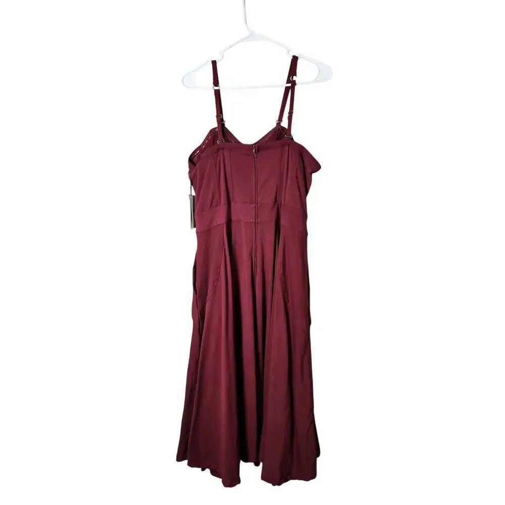 Unique Vintage‎ Corset Midi Dress Plus Size 1X/ 16 Burgundy Lace Up Boning